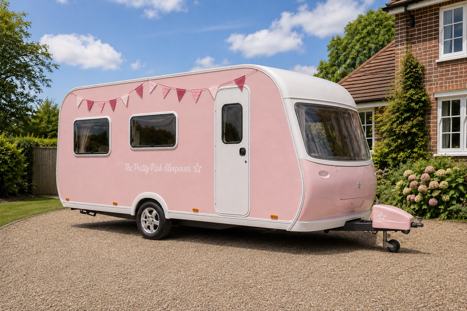 Pink sleepover caravan outside a home in daylight