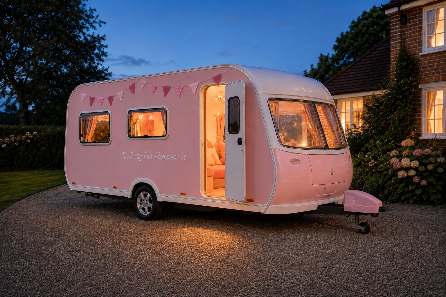 The Pretty Pink Sleepover caravan glowing with fairy lights at dusk