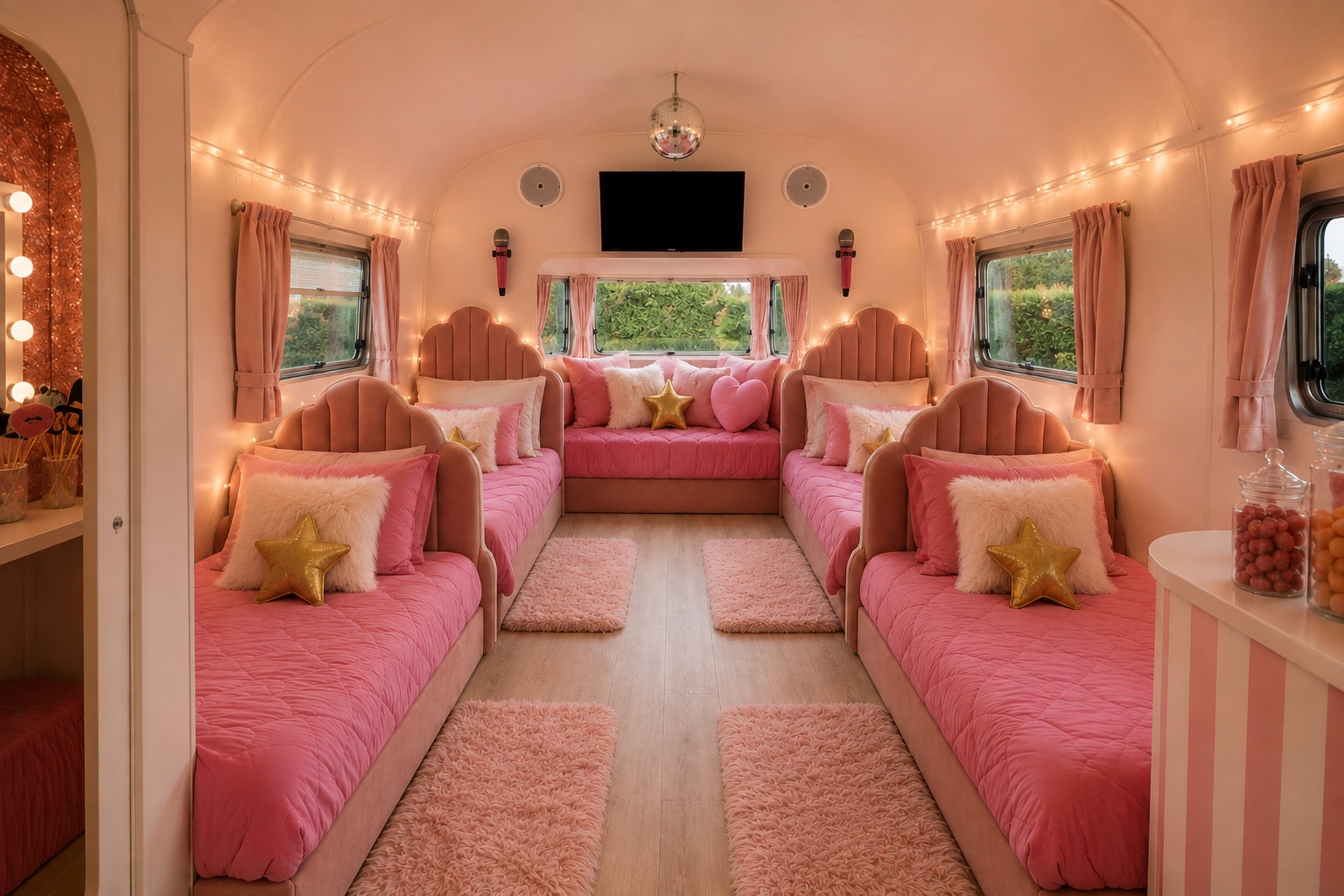 Five cosy beds inside the Pretty Pink Sleepover caravan