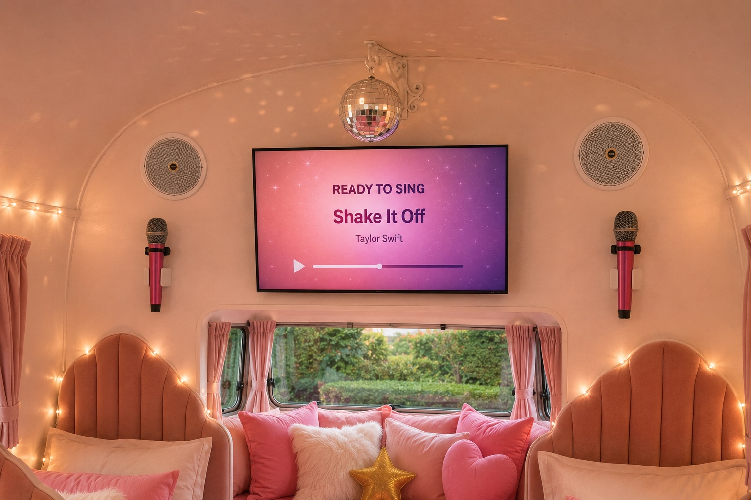 Built-in karaoke screen and pink microphones