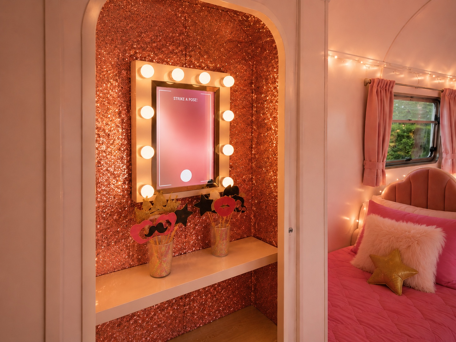 Rose gold light-up selfie pod with photo props