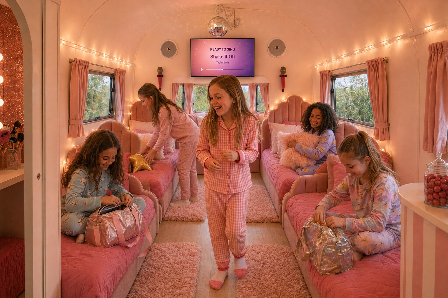 Five friends enjoying the pink sleepover caravan