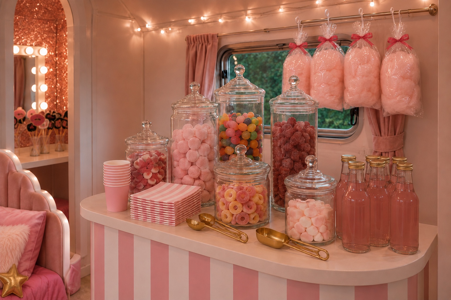 Fully stocked pink treat bar with candy floss